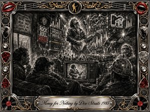 A gritty charcoal rock tableau contrasts shadowed workers watching television with a flamboyant guitarist blazing beneath stage lights, neon signs, speakers, vinyl, and luxury imagery. Deep blacks, smoky grays, chrome, gold, and vivid red accents create dramatic tension. An ornate musical frame and engraved title plate complete the richly detailed 1980s satire.