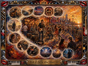 A vibrant acrylic-style street scene celebrates music, movement, and everyday joy beneath a glowing sunset. A lively band performs amid dancers, crowds, neon signs, and waterfront lights, while feathered memory bubbles curve through scenes of roads, diners, records, and concerts. Warm golds, reds, blues, chrome details, and an ornate musical frame create nostalgic energy.