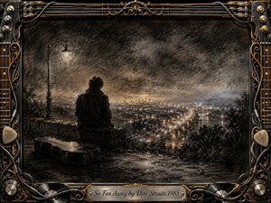 A solitary figure sits beside a guitar case beneath a dim streetlamp, overlooking a distant city threaded with glowing highways. Deep feathered charcoal textures create a wistful, nocturnal mood, softened by smoky gray, sepia, and faint blue light. An ornate chrome-and-gold musical frame surrounds the scene, with strings, records, cables, knobs, and an engraved title plate.