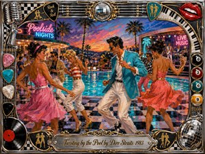 A vibrant retro poolside dance party unfolds at sunset, with stylish couples twisting beside turquoise water under neon lights and palm trees. Rich acrylic-like brushwork, coral pinks, aqua blues, gold, and chrome create a joyful 1980s atmosphere. An ornate music-themed frame surrounds the scene, finished with an engraved title plate.