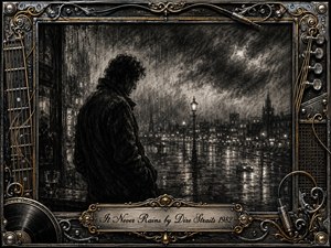 A solitary figure gazes across a rain-soaked city at night, surrounded by shimmering pavement, distant lamps, and stormy charcoal skies. Deep blacks, smoky grays, and metallic highlights create a melancholy, reflective mood. An ornate chrome-and-gold music frame features guitar strings, cables, vinyl details, and an engraved title plate.