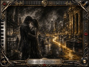 A shadowed couple embraces beside a rain-slicked city waterfront, surrounded by smoky charcoal textures and luminous gold reflections. The moody skyline, gilded architecture, and winding light contrast romance with wealth. An ornate chrome-and-gold musical frame features strings, piano keys, records, cables, red lips, and an engraved title plate.