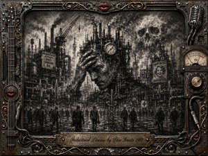 A brooding charcoal metropolis engulfs a weary central figure clutching his head amid smokestacks, cranes, pipes, and trudging workers. Dense blacks, smoky grays, and metallic highlights create an oppressive industrial mood. Surreal medical symbols, propaganda signs, and skull-like clouds deepen the satire, while an ornate rusted music-themed frame completes the composition.
