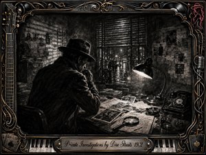 A lone private investigator sits in a shadowy office, studying scattered photographs, notes, and clues beneath a harsh desk lamp. Rainy city lights shimmer beyond venetian blinds, casting striped shadows across the charcoal scene. An ornate black, chrome, and gold musical frame adds mystery, elegance, and cinematic noir atmosphere.