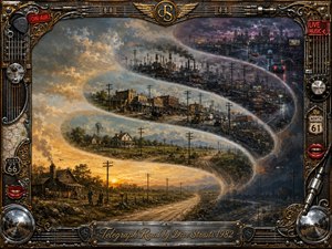 A sweeping S-curved timeline follows Telegraph Road from a quiet rural settlement into crowded towns, smoky industry, and a rain-darkened modern city. Warm amber fields gradually shift to steel blue, gray, and violet beneath dramatic skies. Rich painterly textures, telegraph poles, traffic, factories, and an ornate chrome-and-gold musical frame create a reflective, cinematic mood.