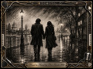 A couple walks hand in hand along a rain-soaked riverside at night, surrounded by misty city lights and glowing streetlamps. Deep feathered charcoal textures create a romantic, reflective mood in silvery blacks and grays. An ornate chrome-and-gold musical frame, woven with guitar strings, picks, piano keys, and a vintage microphone, completes the scene.