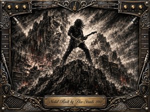 A lone guitarist stands powerfully atop jagged rock amid towering cliffs, amplifiers, speakers, smoke, and rippling sound waves. Deep charcoal textures, stark black-and-white contrast, ember-red accents, and metallic highlights create a gritty, defiant mood. An ornate chrome-and-gold musical frame surrounds the dramatic scene, finished with an engraved title plate.