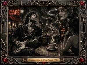 A brooding guitarist plays beside a late-night cafe table as a dreamy woman listens, surrounded by smoky city lights and glowing neon. Deep feathered charcoal textures dominate the romantic scene, accented with warm sepia, crimson lips, and metallic gold. An ornate music-themed frame and engraved title plate complete the cinematic composition.