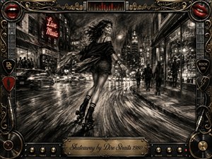 A carefree roller-skating woman glides through a rain-slicked city at night, surrounded by blurred traffic, glowing storefronts, and lively pedestrians. Deep feathered charcoal creates dramatic motion and smoky texture, accented by muted reds and metallic highlights. An ornate music-themed frame with gold inlay, vinyl motifs, cables, and engraved title plate completes the energetic scene.