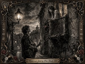 A young guitarist stands beneath a wrought-iron balcony on a shadowed old-city street, gazing toward a wistful woman above. Deep feathered charcoal textures, smoky moonlight, glowing lamps, cobblestones, roses, and ornate architecture create a romantic, melancholic atmosphere, enclosed by an elaborate gold-and-chrome musical frame with engraved title plate.