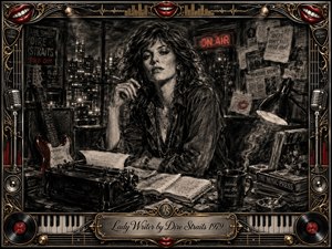 A poised woman sits at a cluttered writing desk in a smoky, late-night newsroom, surrounded by manuscripts, a typewriter, guitar, records, and glowing city lights. Deep feathered charcoal textures create a dramatic noir mood, enriched by crimson accents, gold-and-chrome details, musical motifs, and an ornate framed title plate.