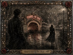 A rain-soaked carnival glows around a nostalgic Tunnel of Love entrance, where two shadowed figures drift apart beneath distant Ferris wheel lights. Deep feathered charcoal textures create a brooding, romantic mood, softened by muted red, amber, and gold highlights. An ornate musical frame and engraved title plate complete the cinematic composition.