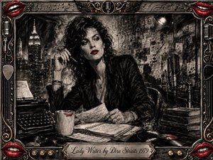 A poised woman sits at a cluttered writers desk in a smoky nighttime studio, surrounded by papers, a typewriter, microphone, books, and vinyl records. Deep feathered charcoal textures create a dramatic noir mood, while vivid red lips and subtle gold accents enliven the ornate music-themed frame and softly lit urban backdrop.