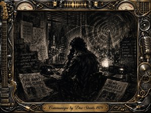 A solitary figure sits beside a telephone and radio in a rain-soaked midnight office, surrounded by scattered papers and distant city lights. Deep feathered charcoal textures create a tense, reflective mood, while glowing signal waves suggest messages crossing great distances. Chrome-and-gold musical machinery frames the dramatic monochrome composition.