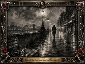 A solitary figure walks away along a rain-slicked riverside promenade beneath glowing streetlamps, surrounded by mist, reflections, and shadowed architecture. Deep feathered charcoal textures create a melancholic, uncertain mood. An ornate chrome-and-gold musical frame, accented with red lips, roses, records, cables, and strings, encloses the cinematic scene and engraved title plate.