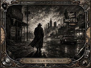 A lone cowboy-like figure walks through a rain-darkened city street where the old West meets urban decay. Deep charcoal textures, smoky skies, glowing motel signs, wet reflections, and distant skyscrapers create a tense noir mood. An ornate chrome-and-gold musical frame surrounds the scene, with engraved title plate below.