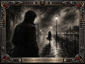 A solitary man watches a distant figure walk away along a rain-slicked riverside promenade beneath glowing streetlamps. Deep feathered charcoal textures, smoky skies, silvery reflections, and dramatic shadows create a melancholic, uncertain mood. An ornate chrome-and-gold guitar-themed frame, red lips, musical details, and engraved title plate complete the composition.