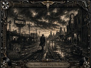A lone cowboy-like figure walks down a rain-darkened street where an old western town merges with a distant city skyline beneath turbulent charcoal clouds. Deep sepia, black, and silver tones create a brooding cinematic mood, while glowing signs, wet reflections, a motorcycle, Route 66 marker, and ornate musical-metal frame add rugged detail.