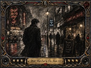 A solitary man walks through a rain-darkened West End street, surrounded by glowing cafes, theater signs, and shadowy pedestrians. Deep feathered charcoal creates a smoky, reflective atmosphere, accented by muted red, blue, and amber light. An ornate chrome-and-gold music-themed frame, speakers, strings, and engraved title plate complete the cinematic composition.