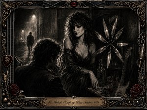 A shadowed couple faces each other in a smoky noir interior, where six gleaming blades radiate beside a leaning guitar and whiskey glass. Deep feathered charcoal creates a tense, seductive mood, illuminated by stark highlights and misty streetlamps. An ornate black, gold, and crimson rock-inspired frame completes the dramatic composition.