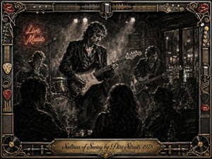 A smoky late-night club frames a quietly masterful band, led by a focused guitarist under soft spotlights. Deep charcoal textures, warm gold accents, muted reds, and rain-glossed city reflections create a moody vintage atmosphere. An ornate music-themed frame of strings, microphones, picks, records, and chrome surrounds the intimate performance.