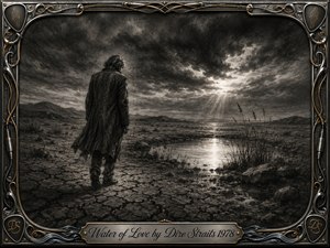 A solitary figure crosses cracked earth toward a luminous pool beneath a storm-darkened sky, capturing longing, thirst, and fragile hope. Deep charcoal textures, silvery grays, dramatic cloudbreak light, and distant hills create a haunting atmosphere. An ornate chrome-and-gold musical frame surrounds the scene, finished with an engraved title plate.