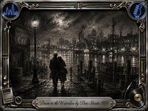 A moonlit riverside city unfolds in deep feathered charcoal, where a couple walks closely toward shimmering water beneath hazy streetlamps. Dark docks, boats, bridges, and glowing skyline reflections create a romantic, mysterious mood. An ornate chrome-and-gold musical frame surrounds the scene, finished with guitar-string details and an engraved title plate.