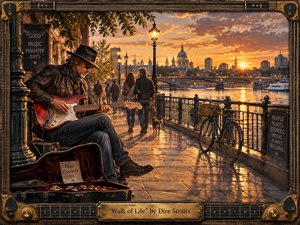 A weathered guitarist plays beside a glowing riverside promenade at sunset, surrounded by strolling pedestrians, a bicycle, boats, and a grand city skyline. Warm amber light reflects across wet stone and water, creating an upbeat, nostalgic mood. Rich painterly detail, worn textures, guitar-inspired framing, and brass accents reinforce the musics lively character.