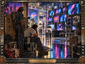 Two weary workers pause beside crates and coiled cables, gazing into a dazzling 1980s electronics showroom filled with glowing televisions and chrome furnishings. Neon blues, magentas, and warm amber light reflect across the polished floor. Thick painterly textures, dramatic shadows, and a guitar-inspired industrial frame heighten the gritty, ironic atmosphere.