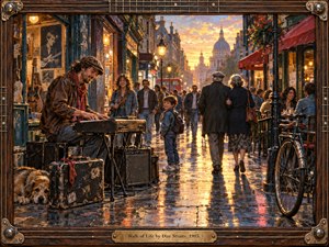 A street musician plays keyboard on a rain-glossed city avenue at sunset, surrounded by pedestrians, cafes, bicycles, and warm shopfronts. Golden reflections mix with cool blue shadows, creating an upbeat, nostalgic mood. Painterly oil textures, weathered details, and a guitar-inspired wooden frame reinforce the handcrafted 1980s atmosphere.