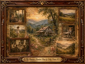 A nostalgic Tennessee mountain homestead rests beneath glowing sunset skies, surrounded by layered blue ridges, wildflowers, split-rail fences, and weathered porches. Faded family scenes appear in vintage rosewood frames, blending warm sepia, amber, green, and cream tones. Painterly textures, handwritten memories, guitars, and ornate gold details create tender rural warmth.