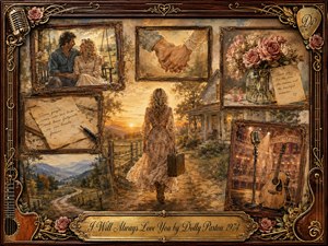 A golden country sunset frames a woman walking away with a suitcase, surrounded by rosewood-framed memories of love, clasped hands, letters, roses, mountain roads, and music. Warm amber, sepia, cream, and dusty rose tones glow through painterly oil, acrylic, and watercolor textures, creating a tender, nostalgic farewell.