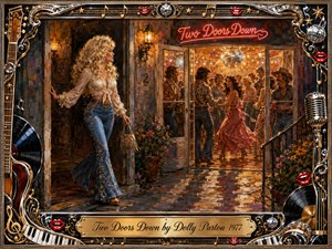A glamorous blonde woman stands outside a lively 1970s party glowing through open doors, where dancers gather beneath a sparkling disco ball. Warm amber, red, and gold lighting creates a playful, hopeful mood. Rich painterly textures, wet reflections, flowers, musical motifs, vinyl records, chrome accents, and ornate framing complete the nostalgic scene.