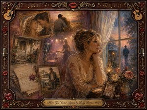 A wistful woman sits beside a rain-streaked window, surrounded by framed memories of romance, music, and departure. Warm amber, rose, and twilight blue tones glow through painterly oil, acrylic, and watercolor textures. Ornate rosewood framing, gold filigree, roses, guitars, microphones, and red lips heighten the nostalgic country atmosphere.