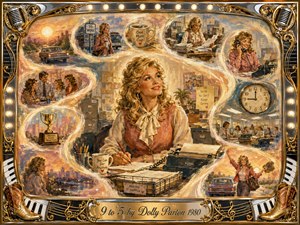 A warm, nostalgic office-day collage centers on a determined blonde woman at her desk, surrounded by flowing scenes of commuting, paperwork, coworkers, ringing phones, clocks, and hopeful escape. Golden creams, dusty pinks, and soft blues glow beneath painterly lighting, framed by ornate chrome, piano keys, microphones, cowboy boots, and musical flourishes.