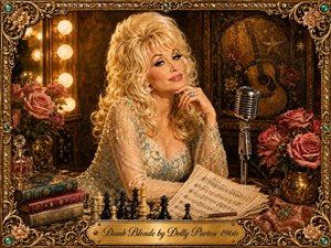A glamorous blonde woman poses confidently in a richly decorated vintage Nashville dressing room, surrounded by roses, sheet music, chess pieces, books, and a classic microphone. Warm golden lighting, turquoise accents, and jeweled details create an elegant, spirited mood. The ornate gilded frame and engraved title plate complete the painterly composition.