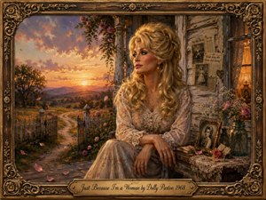 A reflective blonde woman sits on a weathered farmhouse porch at sunset, gazing across a winding country road with quiet strength and melancholy. Warm gold, rose, cream, and lavender tones glow through painterly light. Newspaper clippings, flowers, photographs, drifting petals, and an ornate carved frame reinforce themes of judgment, memory, dignity, and resilience.