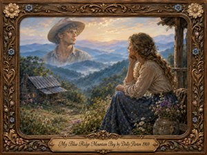 A wistful young woman sits among wildflowers overlooking misty Blue Ridge mountains and a rustic cabin, gazing toward the dreamlike image of a mountain boy suspended in the glowing sky. Warm golden light softens rich blues and greens, while a carved floral wooden frame and engraved title plate complete the romantic, nostalgic oil-painting style.