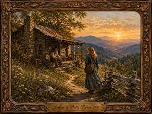 A warmly painted Appalachian sunset frames a weathered mountain cabin where an elderly man sits quietly as a young woman approaches along a wildflower-lined path. Golden light washes rustic wood, blue ridges, and split-rail fencing, creating a tender, nostalgic mood. An ornate carved frame and brass title plate complete the folk-art composition.