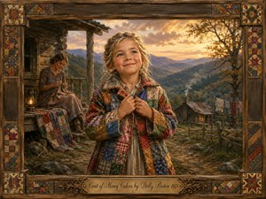 A smiling young girl proudly wears a richly stitched patchwork coat before a rustic Appalachian cabin, while her mother sews nearby. Golden sunset light warms the mountain valley, weathered wood, quilts, lantern, and distant homestead. The nostalgic painterly scene blends earthy tones with vibrant fabric colors inside an ornate folk-art frame.