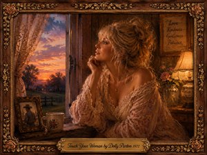 A contemplative blonde woman rests beside an open window in a warmly lit country room, gazing toward a glowing sunset. Rich amber, rose, cream, and dusky blue tones create a tender, nostalgic mood. Painterly textures, lace curtains, flowers, a lamp, framed photograph, ornate gilded frame, and engraved title plate deepen the romantic atmosphere.