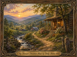 A warmly detailed oil painting depicts a rustic Tennessee mountain homestead at sunset, with a glowing log cabin, rocking chair, wildflower gardens, winding creek, fences, barns, and layered blue ridges. Golden light and pink-orange clouds create a peaceful, nostalgic mood, framed by ornate dark wood and brass with an engraved title plate.