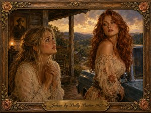 A richly detailed country portrait captures emotional tension between a pleading blonde woman and a striking red-haired Jolene beside a vintage car. Set against a rustic porch and mountain sunset, the scene glows with warm amber light, earthy creams, bronzes, and deep blues. An ornate floral frame and engraved brass title plate complete the nostalgic oil-painted composition.