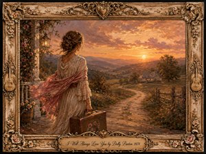 A solitary woman in a flowing cream dress and rose shawl stands with a vintage suitcase, gazing across a winding country road toward a distant farmhouse beneath a glowing sunset. Warm gold, pink, and amber light creates a bittersweet, nostalgic mood, framed by ornate floral carvings, guitars, hearts, and an engraved title plate.