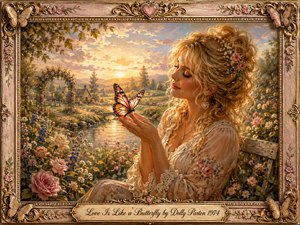 A romantic painted garden scene shows a graceful blonde woman gently admiring a vivid butterfly resting on her fingertips beside a glowing stream. Golden sunset light warms pink roses, wildflowers, a distant cottage, and rolling countryside. An ornate floral frame with butterfly accents and an engraved title plate completes the nostalgic, serene composition.