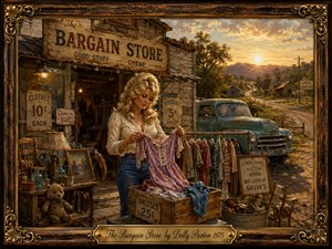 A warmly detailed painted scene shows a blonde woman browsing colorful secondhand dresses outside a weathered rural bargain store. Rustic signs, old furniture, glass bottles, a teddy bear, and a vintage turquoise truck fill the foreground, while golden sunset light washes distant mountains. An ornate carved frame and engraved title plate complete the nostalgic composition.