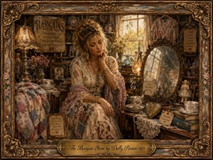 A wistful woman sits among worn treasures in a cozy vintage bargain store, surrounded by quilts, china, lace, old photographs, lamps, and a cracked mirror. Warm golden sunlight fills the richly detailed scene, blending dusty rose, cream, brown, and muted teal tones. Ornate carved framing and a brass title plate complete the nostalgic, painterly composition.