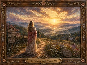 A solitary woman stands on a winding mountain path, gazing toward a radiant sunrise over misty Appalachian valleys. Warm gold, rose, blue, and green tones create a hopeful, spiritual mood. Wildflowers, rustic signs, and a distant cabin enrich the painterly scene, framed by ornate carved wood and a decorative engraved title plate.