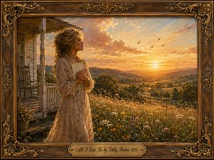 A contemplative woman in a flowing floral dress stands beside a weathered farmhouse, holding a handwritten letter to her heart while gazing across sunlit hills. Golden sunset light bathes wildflowers, fields, and distant birds in warm amber tones. The nostalgic oil-painting style is enclosed by an ornate carved frame with an engraved title plate.