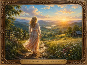 A graceful woman walks along a wildflower-lined mountain path toward a radiant sunrise, symbolizing renewal and hope. Golden light washes across rolling green valleys beneath a clear blue, cloud-streaked sky. Rich painterly textures, rustic fencing, a distant cabin, and an ornate gilded wooden frame create a warm, uplifting, timeless atmosphere.